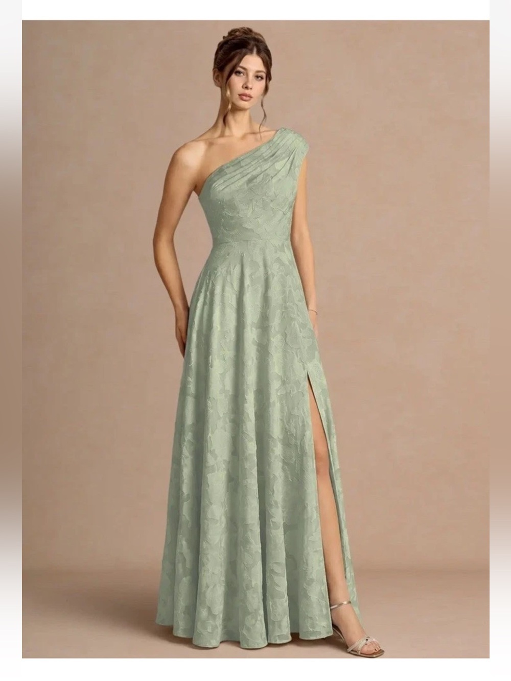 Azazie Priscilla Gown One Shoulder Lace Agave Green Size A8 Side Slit A-line